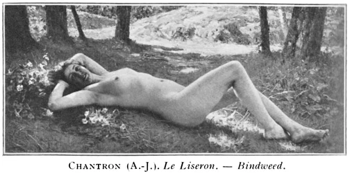 Schwarz-Weiß-Foto eines Gemäldes, das eine nackte Frau zeigt, die in einem Wald in der Nähe eines Blumenbeets mit Bäumen und einem flachen Wasserfall im Hintergrund liegt